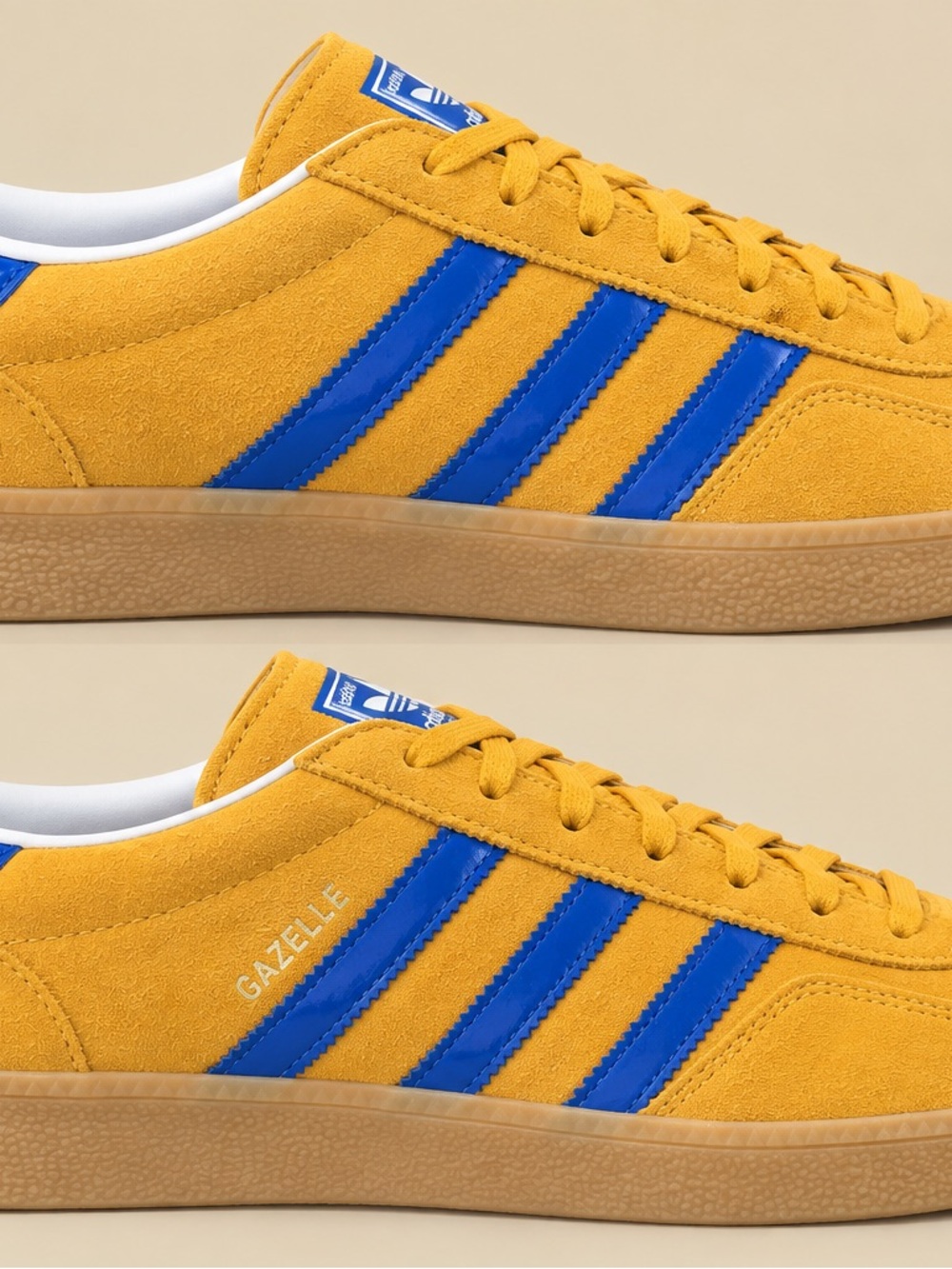 adidas Men’s Gazelle Sneakers — Mustard Yellow with Royal Blue Stripes